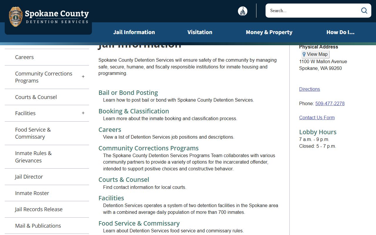 Spokane County Jail Information page with detention service links