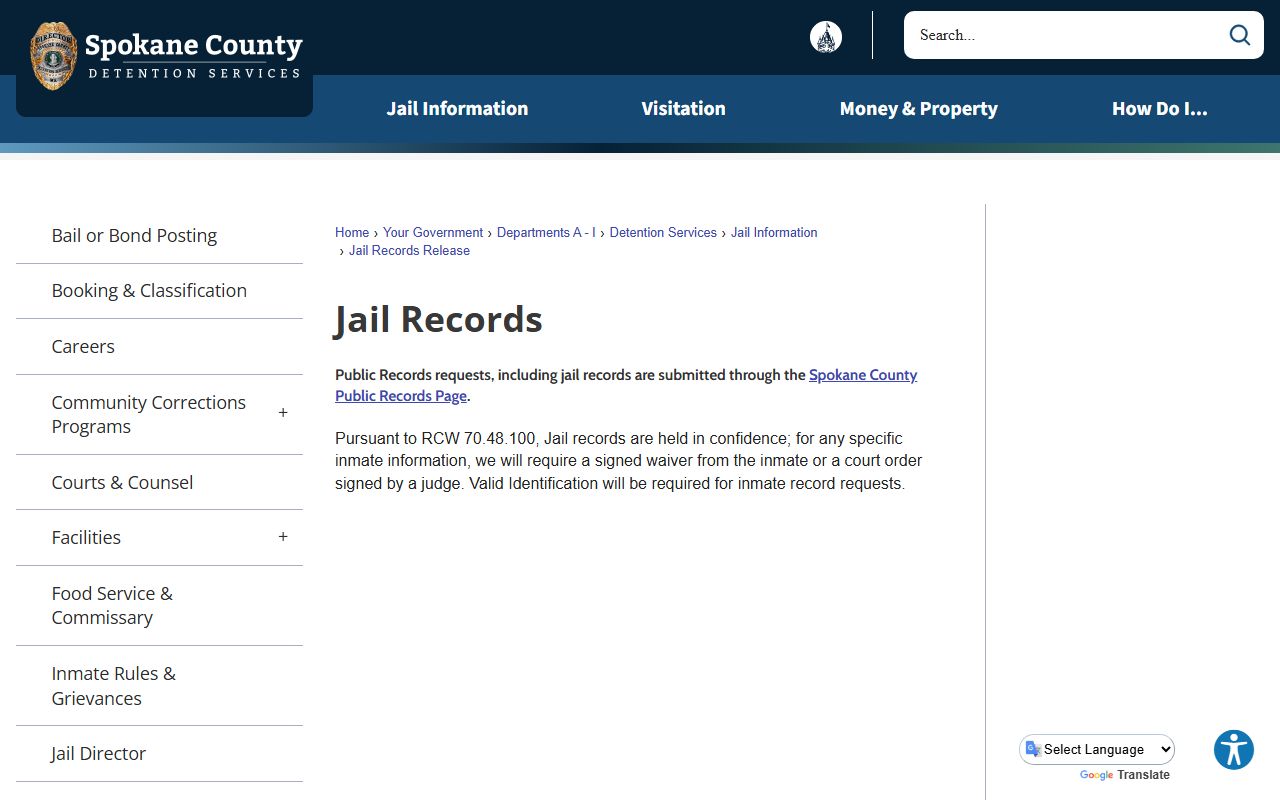 Spokane County jail mugshots records request page citing jail record limits
