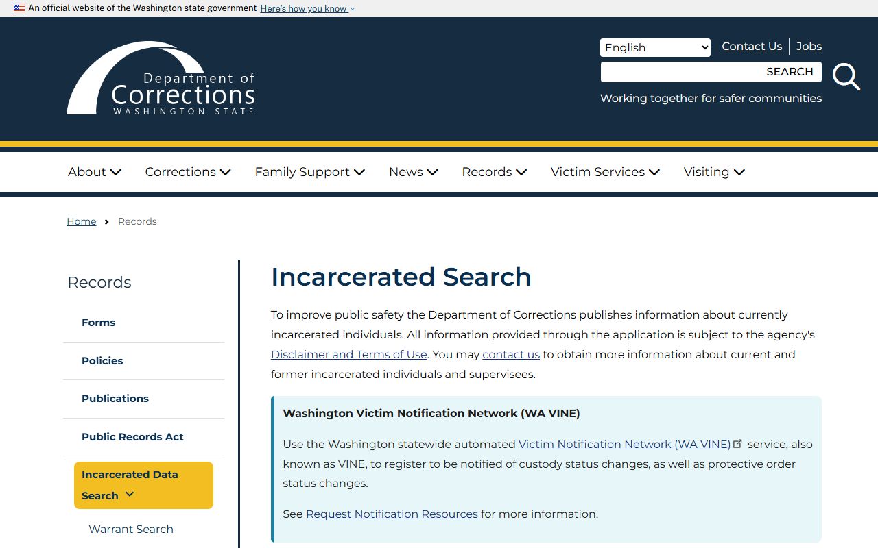 Washington State Department of Corrections incarcerated search form